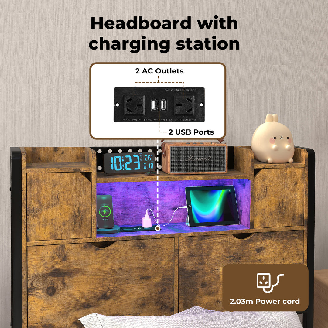 Single Bed Frame Storage Headboard Industrial RGB Light LED Charging
