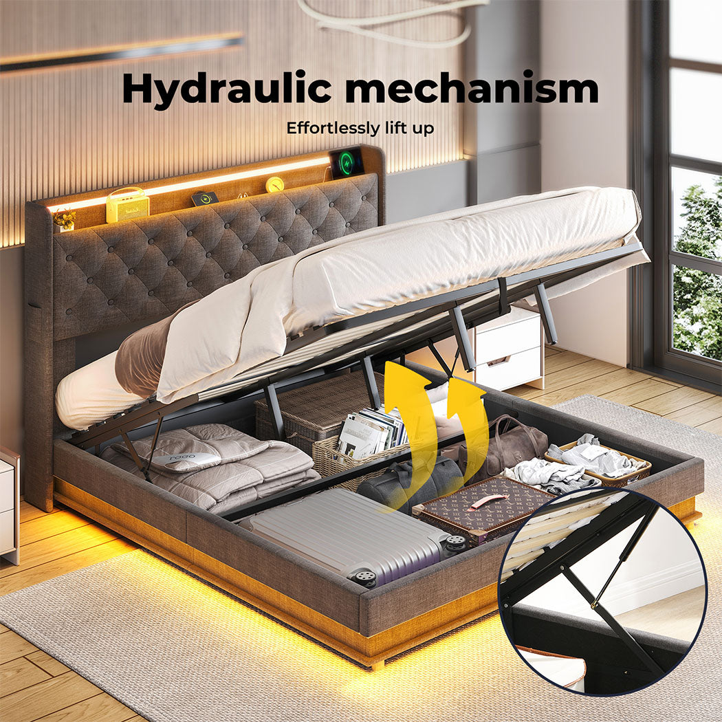 Gas Lift Storage Bed with LED Light Headboard