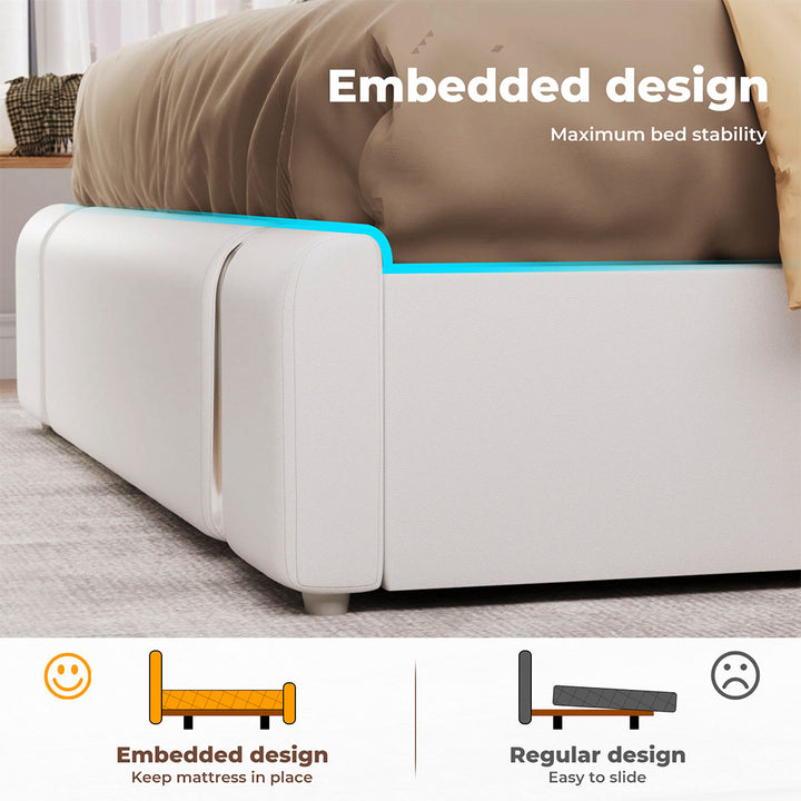 Bed Frame Adjustable Soft Headboard LED Lights Drawers USB Charge