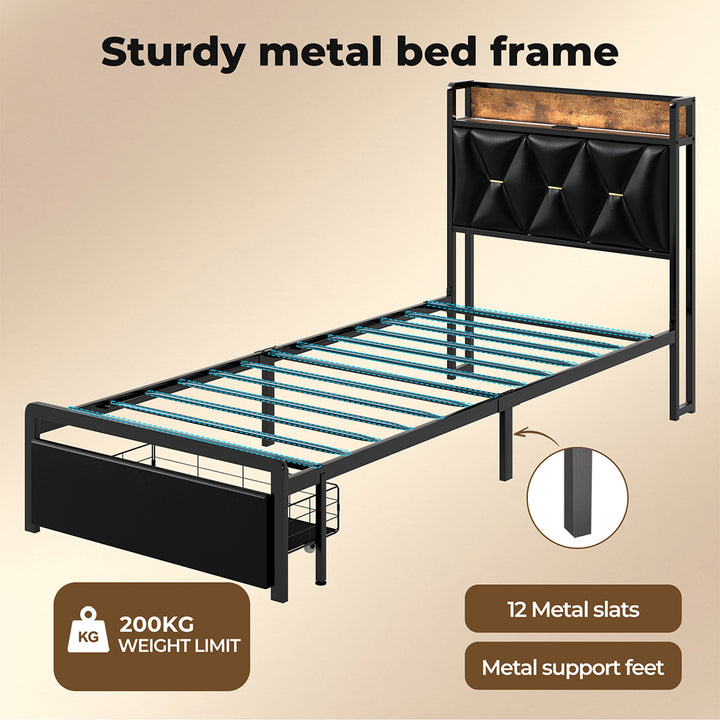 Metal Bed Frame Drawer PU Upholstered Headboard Under Storage