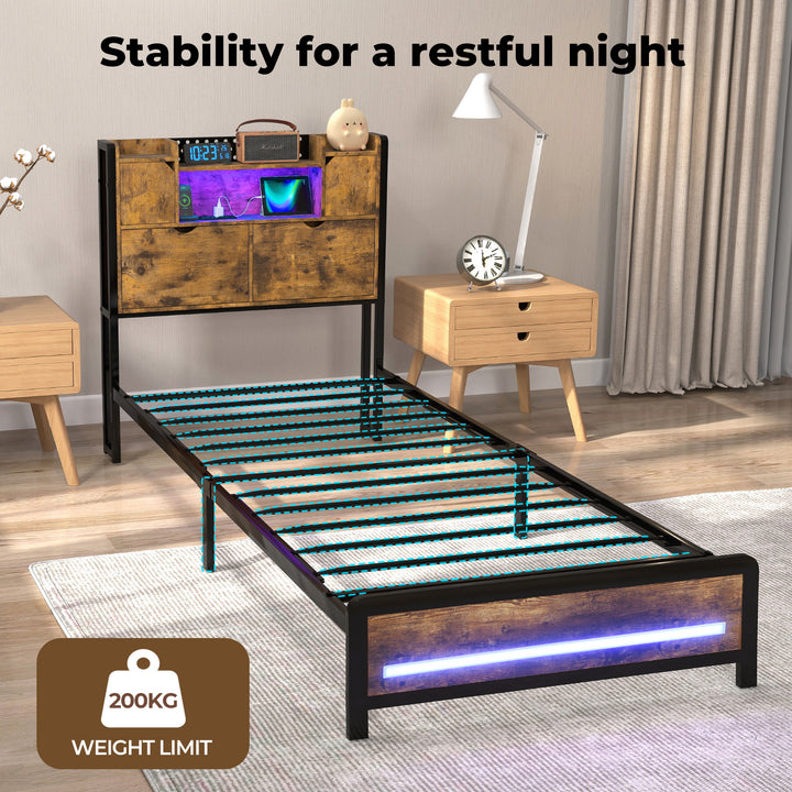 Single Bed Frame Storage Headboard Industrial RGB Light LED Charging