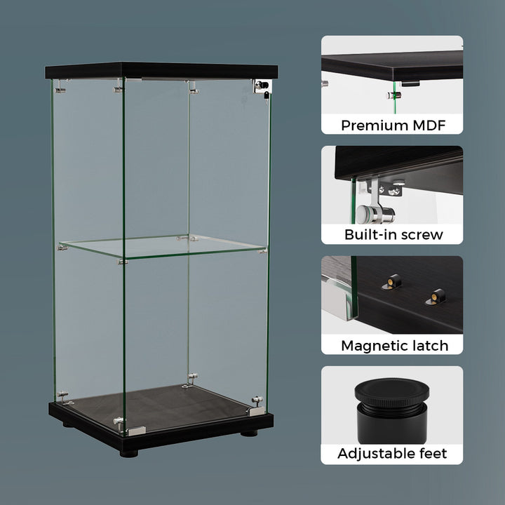 Display Cabinet Collection Storage Tempered Glass 2 Tier With Lock Black