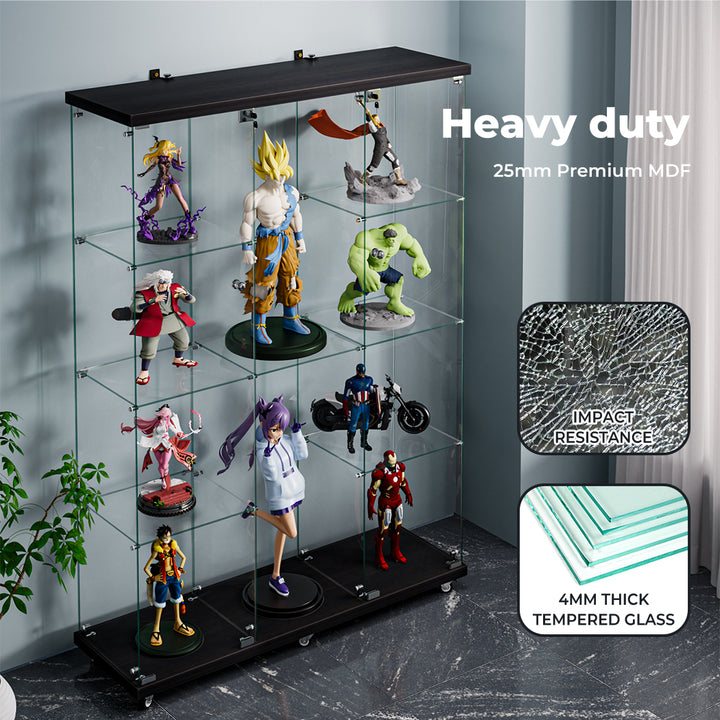 Glass Display Cabinet 4 Tier Lockable Wheeled Key Showcase Storage 169cm