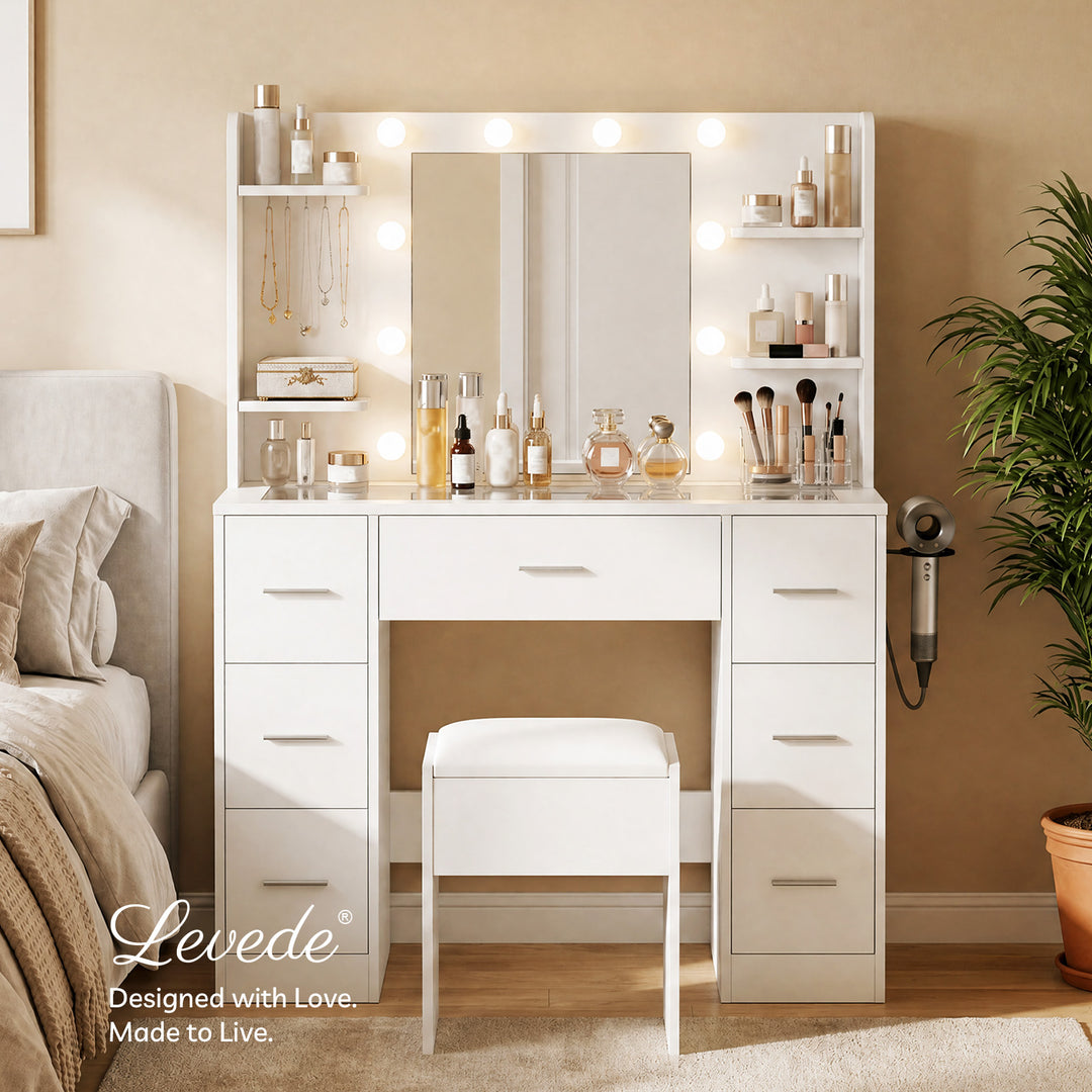 Dressing Table Makeup Vanity with Lights Glass Desktop 7 Drawers White