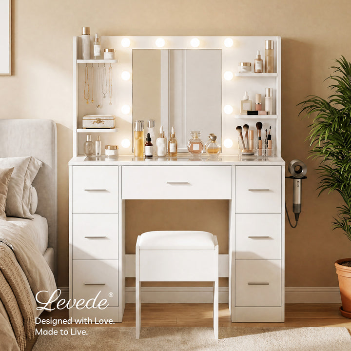 Dressing Table Makeup Vanity with Lights Glass Desktop 7 Drawers White