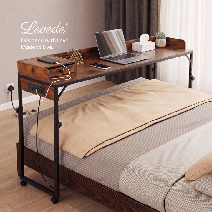 Overbed Table 180cm 84-109cm Mobile with Charging Station Bedroom Brown