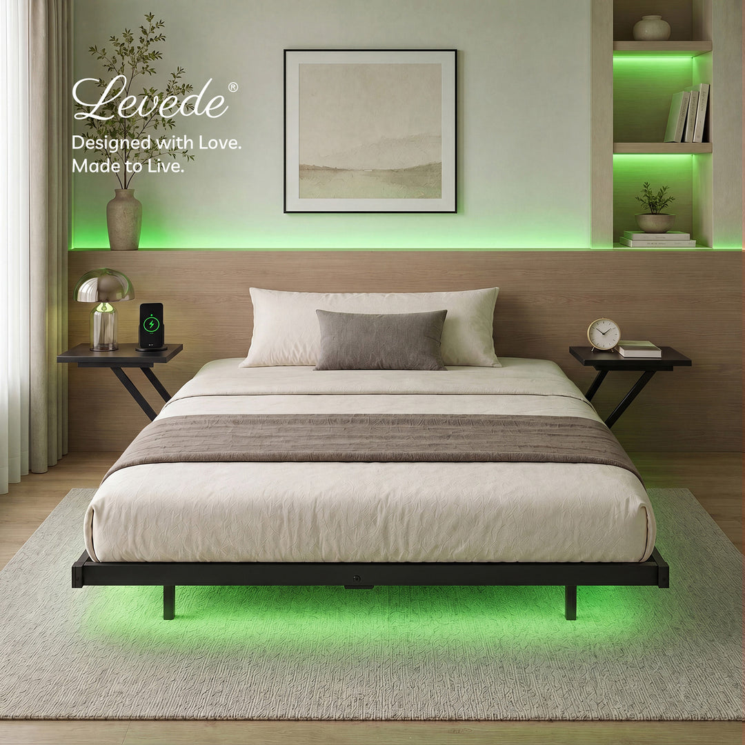 Double Bed Frame Floating Frame with Storage Shelves RGB Lights Black
