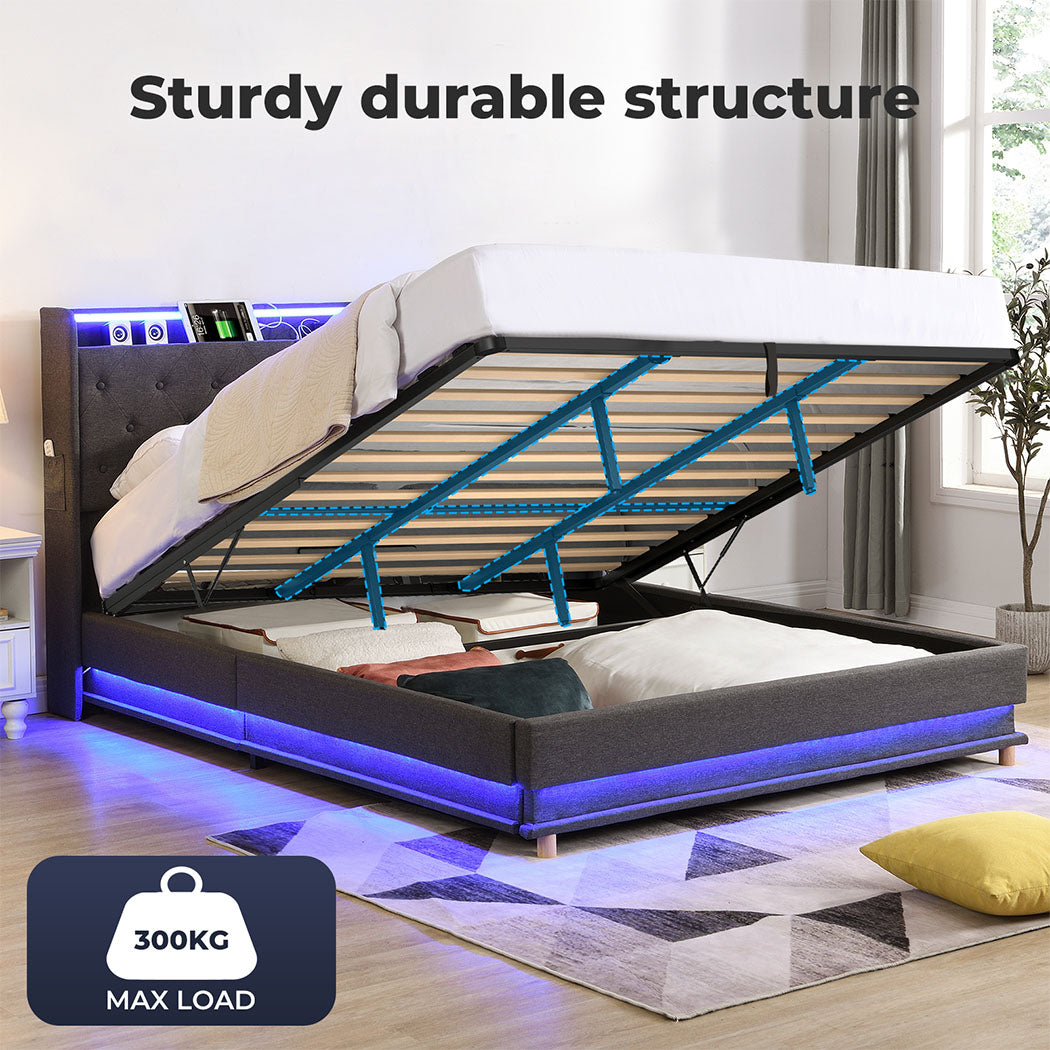 Gas Lift Storage Bed with LED Light Headboard