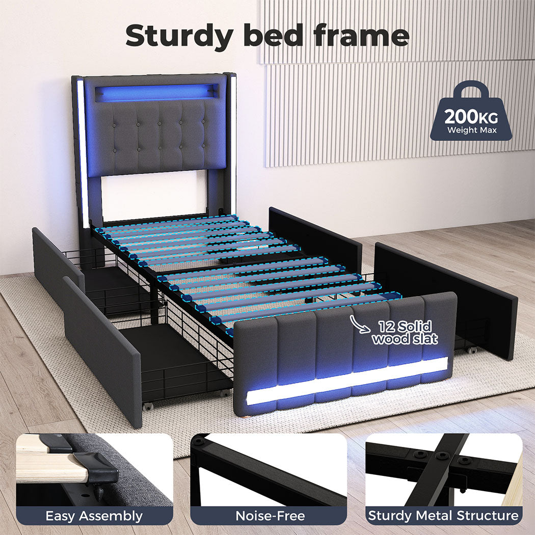 Single Bed Frame RGB LED Headboard with Drawers.