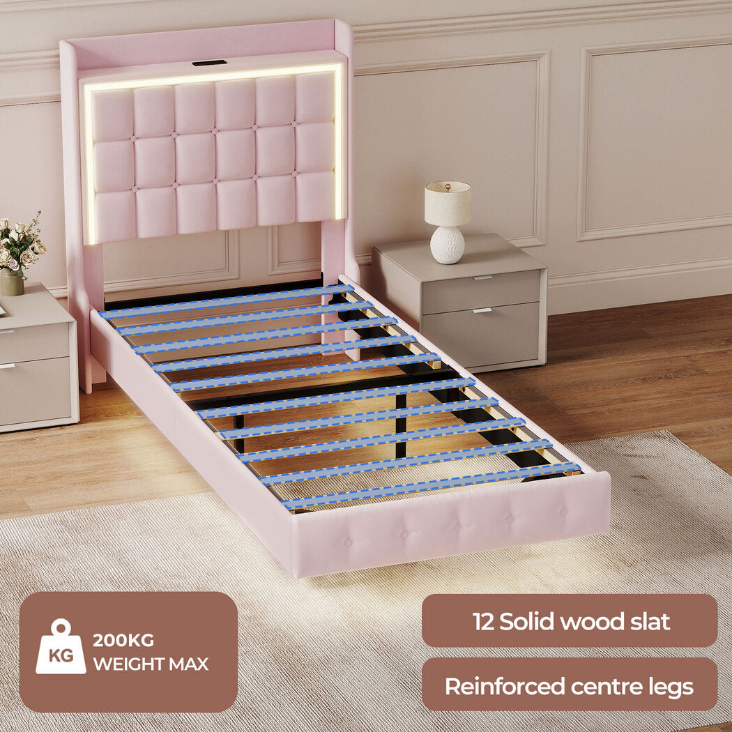 Single Floating Bed Frame With RGB LED Light Headboard USB Charge