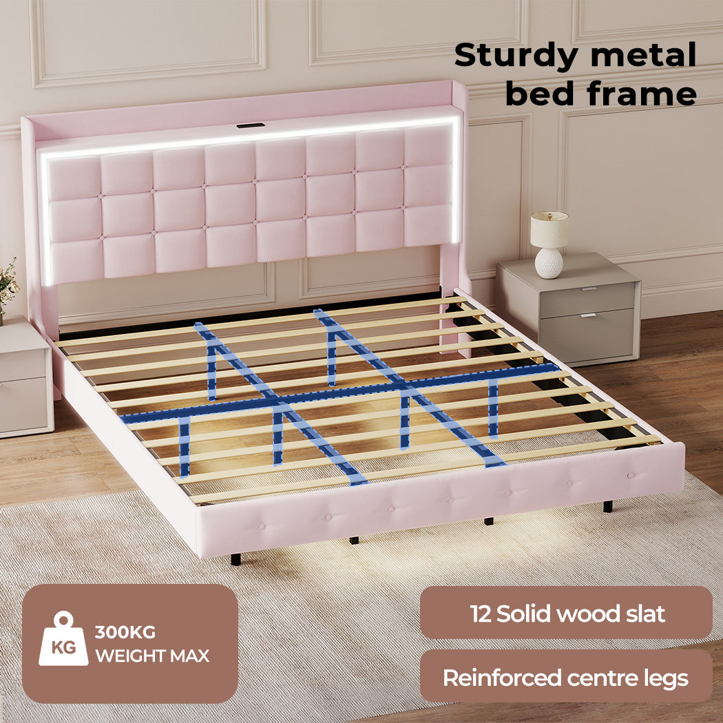 King Floating Bed Frame With RGB LED Light Headboard USB Charge