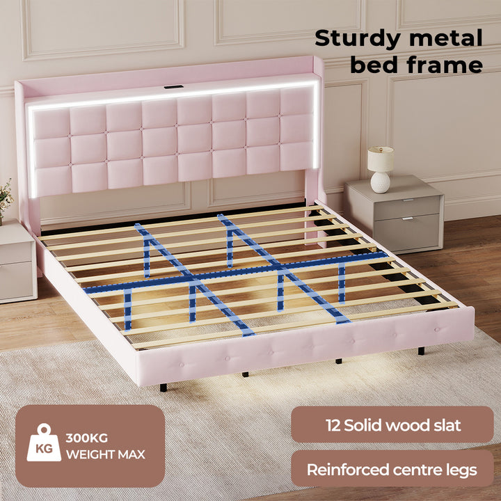 King Floating Bed Frame With RGB LED Light Headboard USB Charge