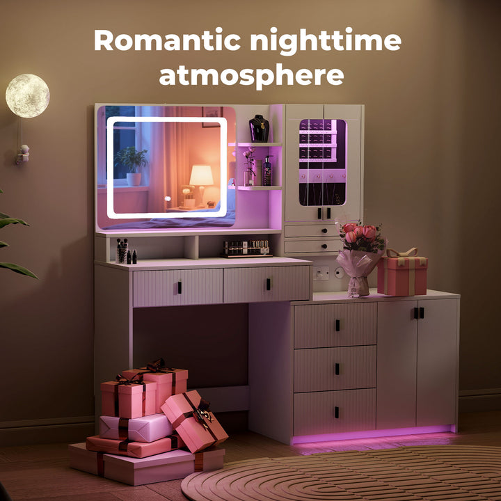 150cm Vanity Table Touchscreen Mirror LED Jewelry Cabinet 7 Drawers White
