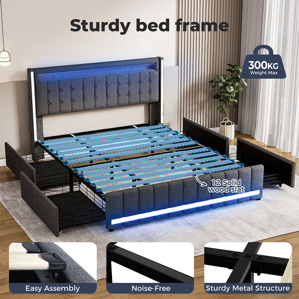 Bed Frame RGB LED Headboard with Drawers