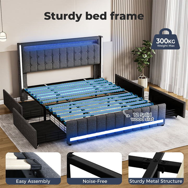 Bed Frame RGB LED Headboard with Drawers