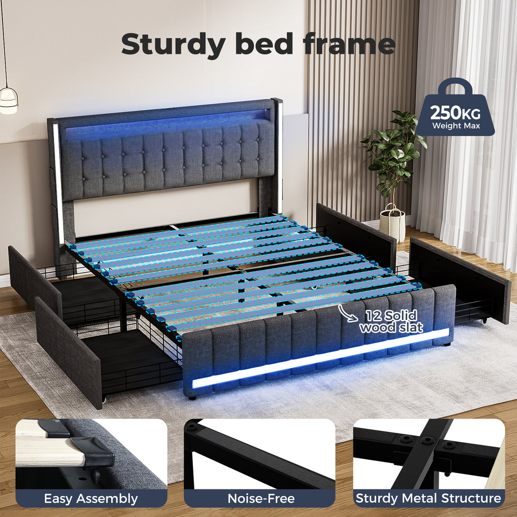 Levede Double Solid Bed Frame Headboard RGB LED Lights 4 Drawer USB Charge