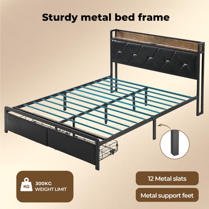 Levede Double Metal Bed Frame 2 Drawers PU Upholstered Headboard Under Storage - Levede