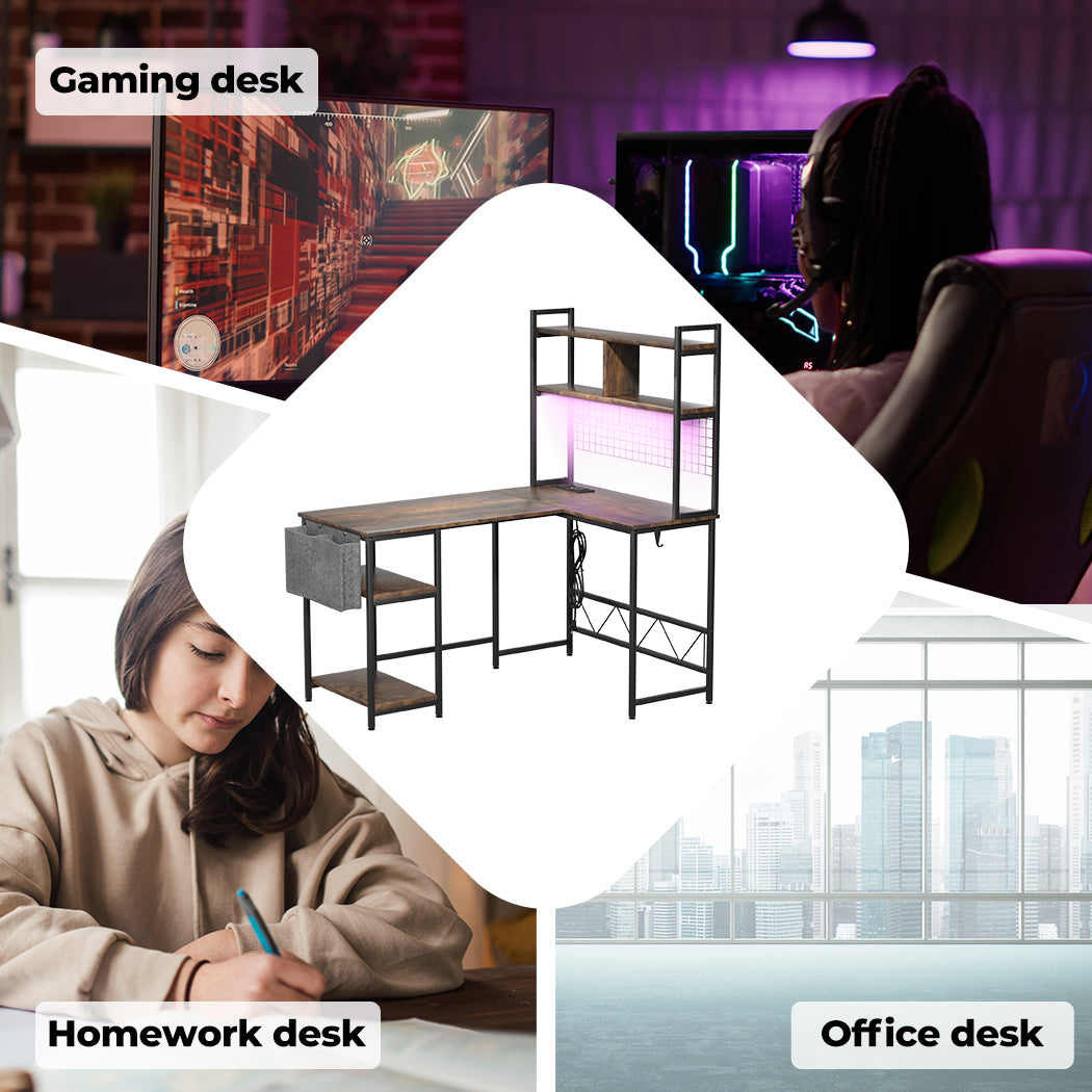 L Shaped Gaming Desk with LED Lights Brown