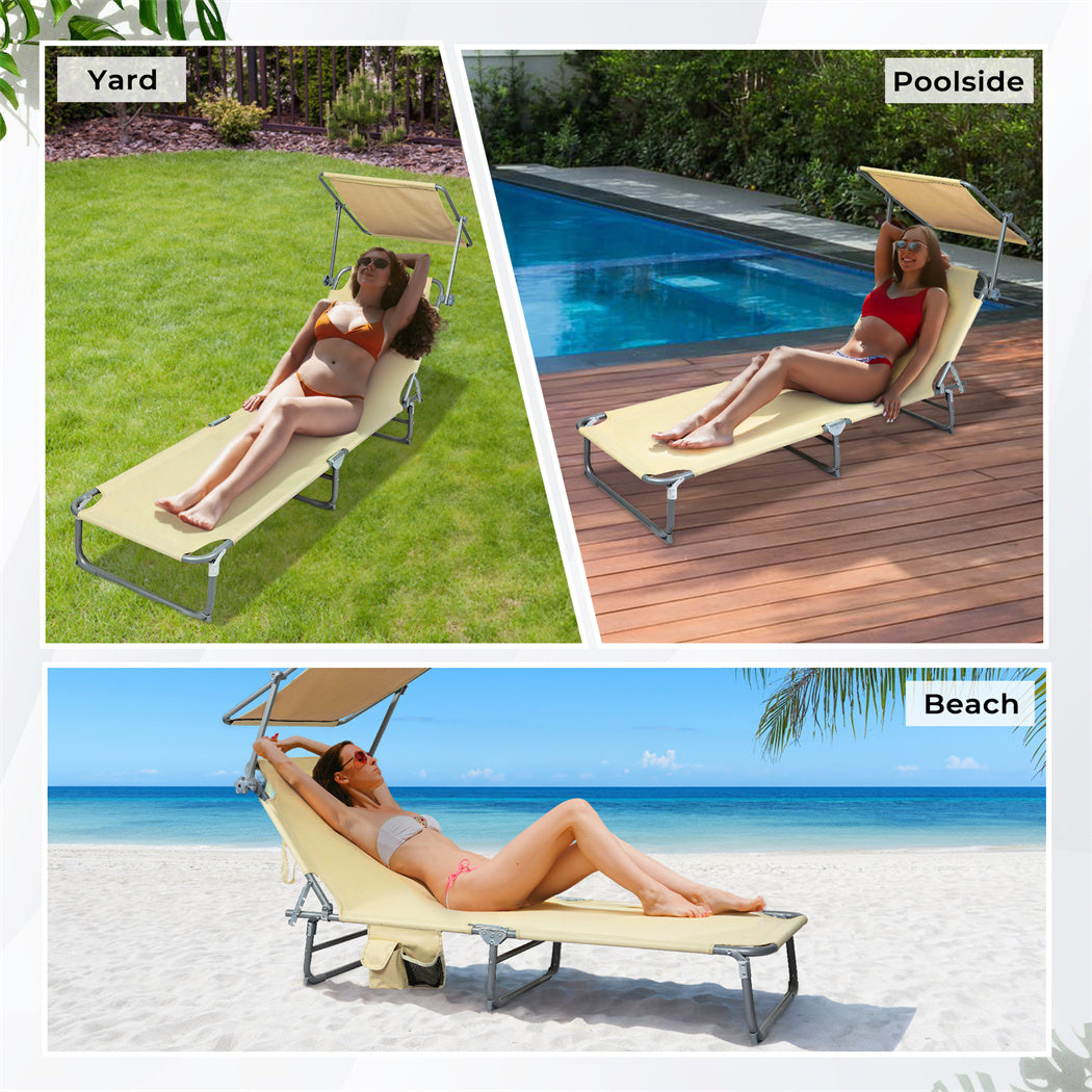 Folding Beach Lounge Chair Portable Sun Lounger Deck Outdoor Khaki