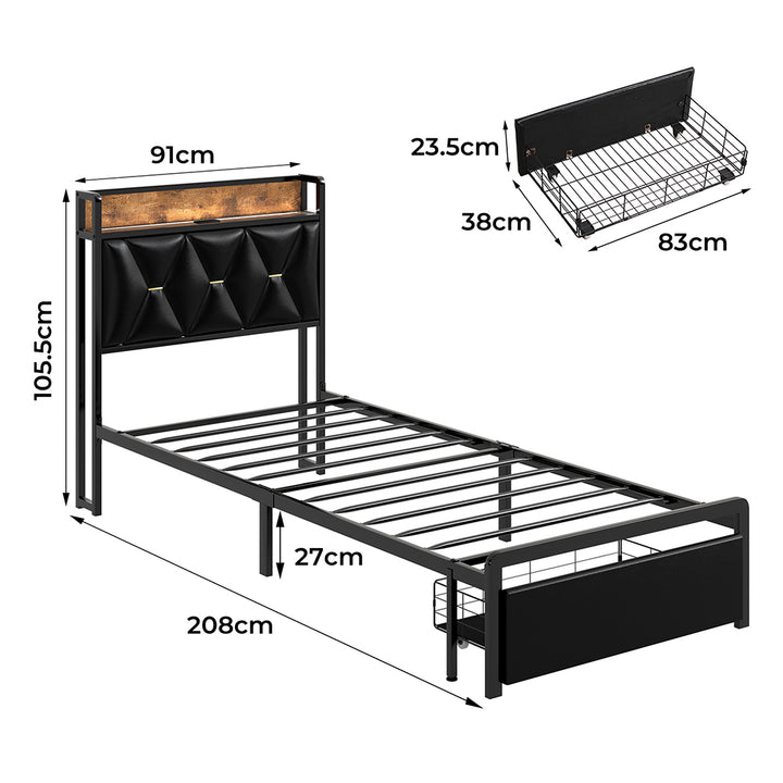 Metal Bed Frame Drawer PU Upholstered Headboard Under Storage