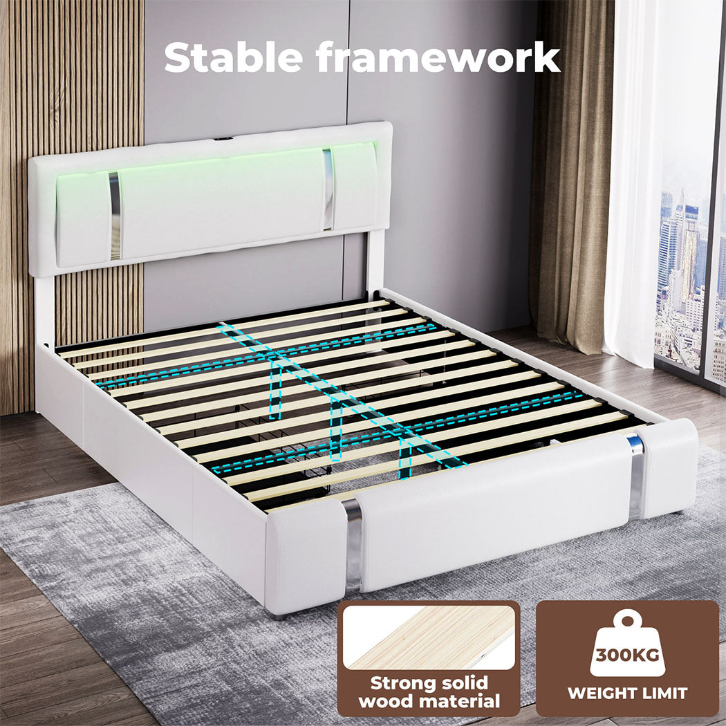 Bed Frame Adjustable Soft Headboard LED Lights Drawers USB Charge