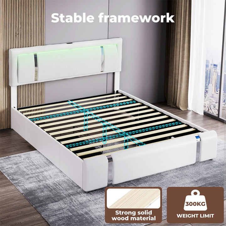 Bed Frame Adjustable Soft Headboard LED Lights Drawers USB Charge