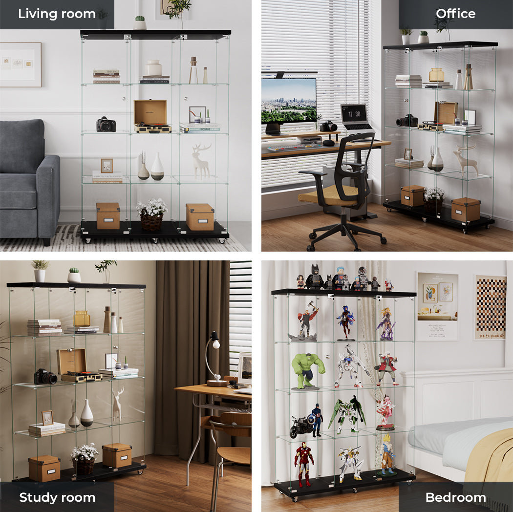 Glass Display Cabinet 4 Tier Lockable Wheeled Key Showcase Storage 169cm