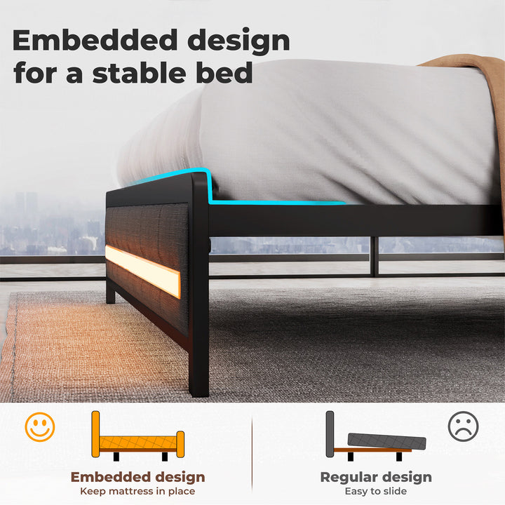 Bed Frame Linen Upholstered Storage Headboard LED Charging 2 Ports