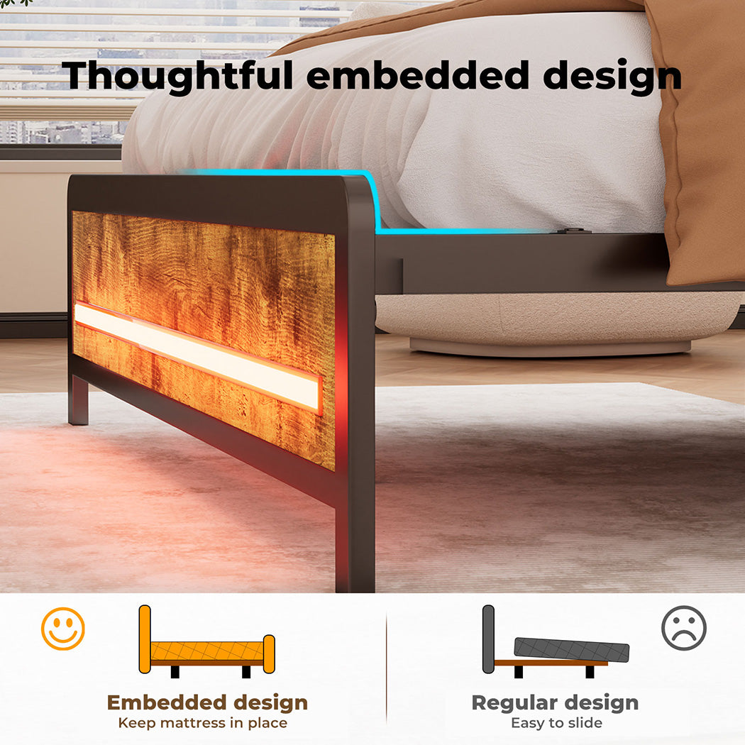 King Bed Frame Storage Headboard Shelf Industrial RGB Light LED Charging