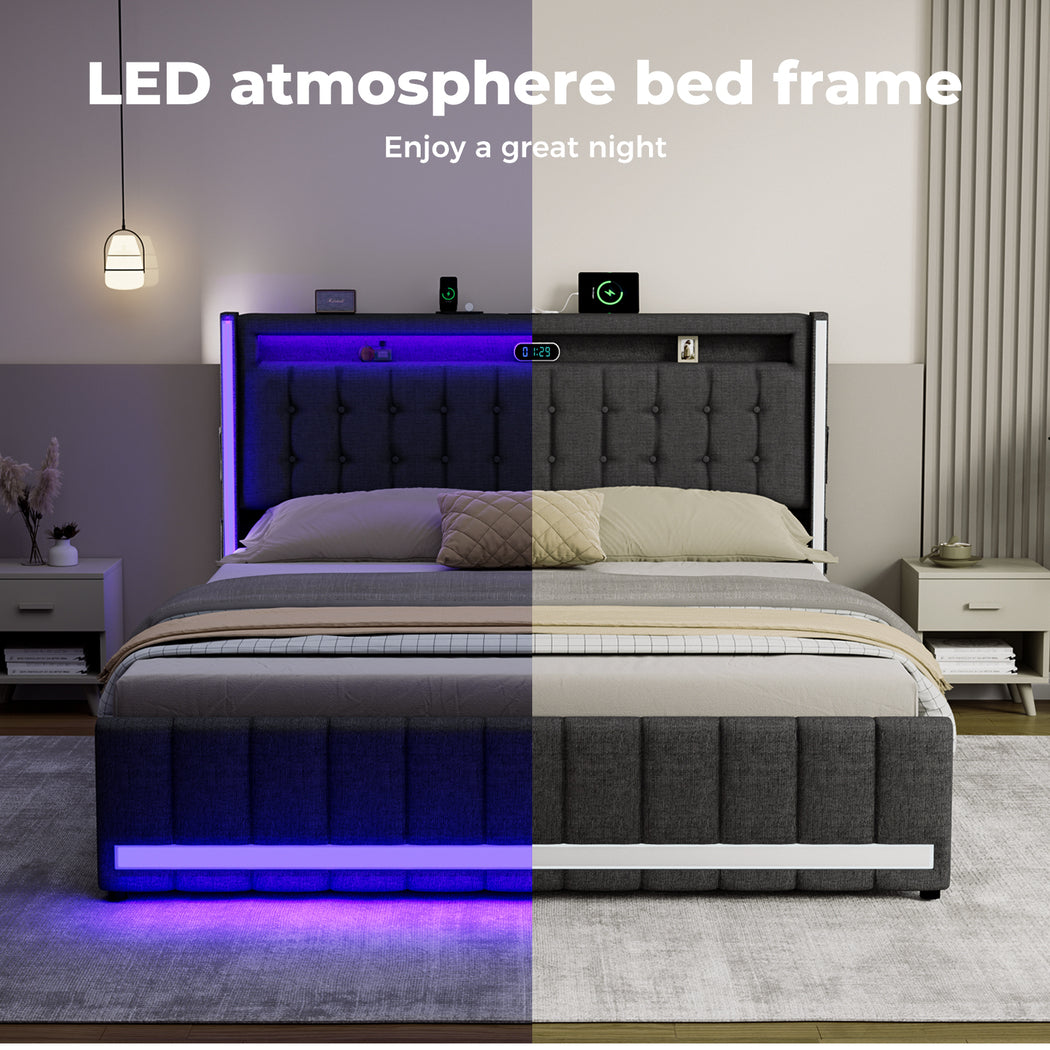 Levede Double Solid Bed Frame Headboard RGB LED Lights 4 Drawer USB Charge