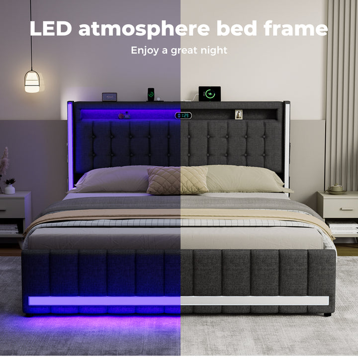 Levede Queen Solid Bed Frame Headboard RGB LED Lights 4 Drawer USB Charge