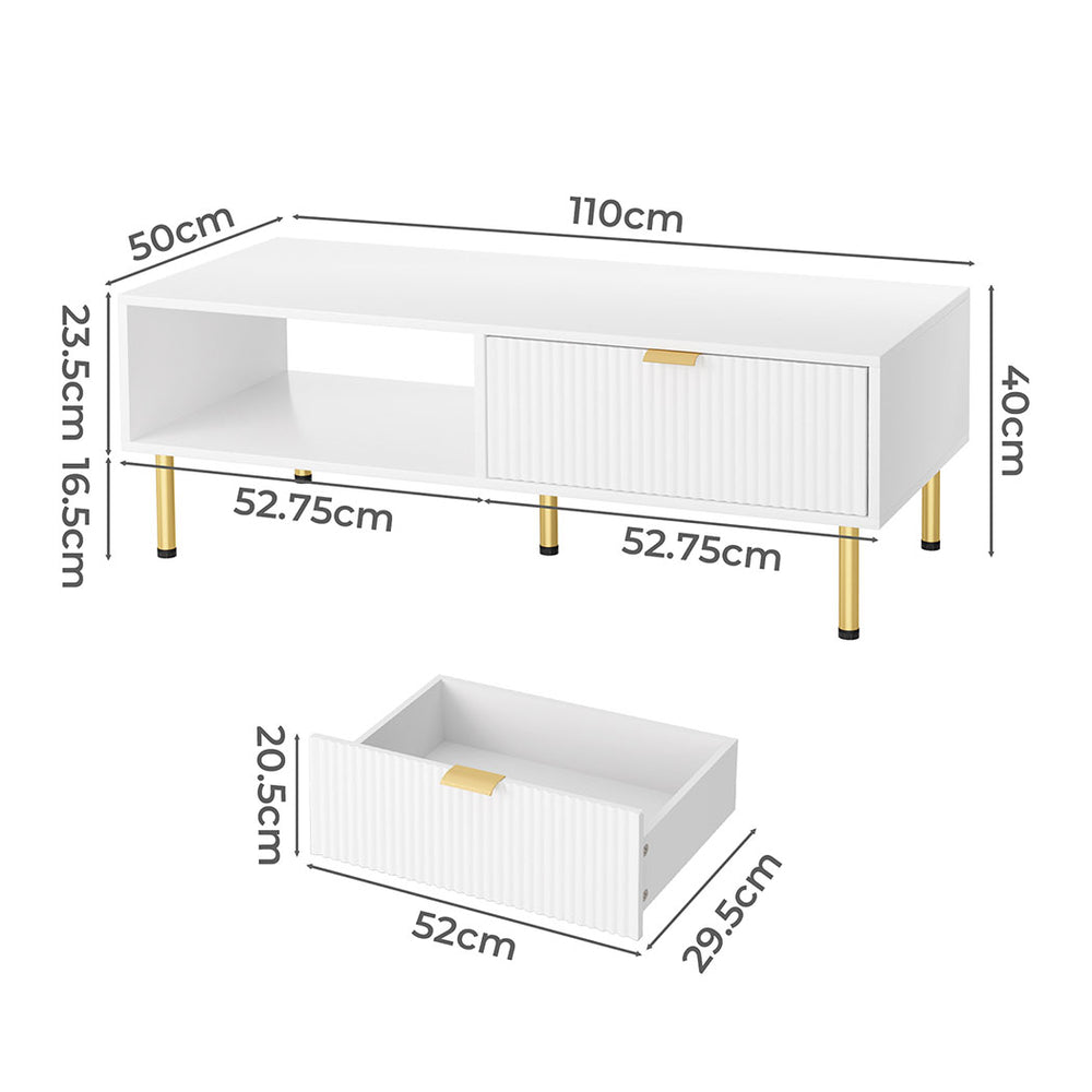 Levede 110cm Coffee Table Wooden Storage Fluted Drawer 2 Tier Open Shelf White - Levede