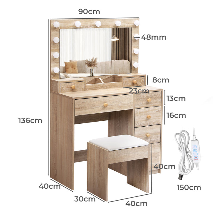 Levede Dressing Table Stool Set 11 Bulbs Makeup Mirror Vanity Desk Cabinet Oak - Levede