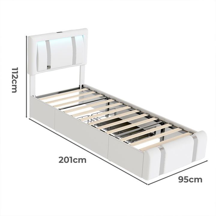 Bed Frame Adjustable Soft Headboard LED Lights Drawers USB Charge
