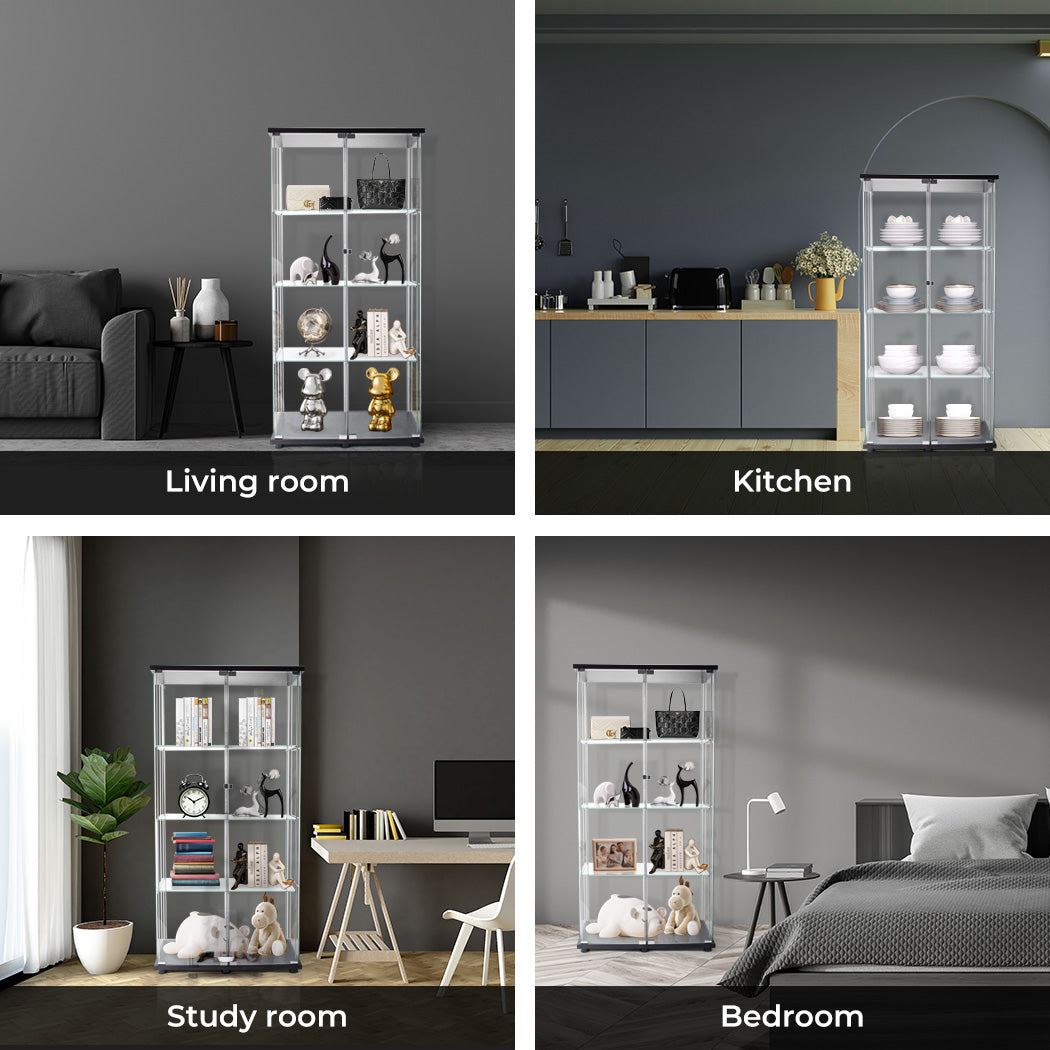 164cm Glass Display Cabinet Collections Storage 4 Tier Shelves 2 Doors