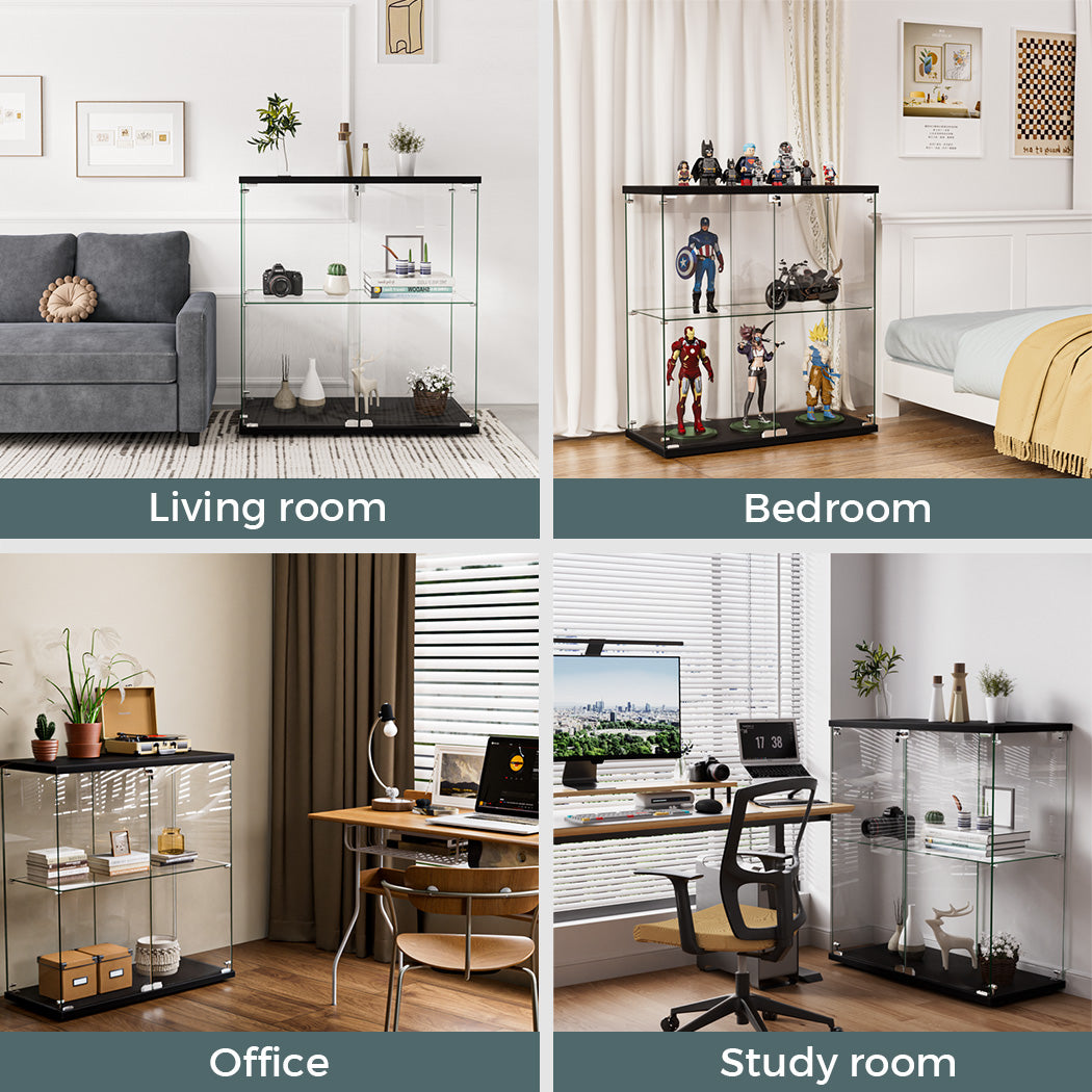 Glass Display Cabinet Lockable Collections Storage 2 Tier Shelf 2 Door