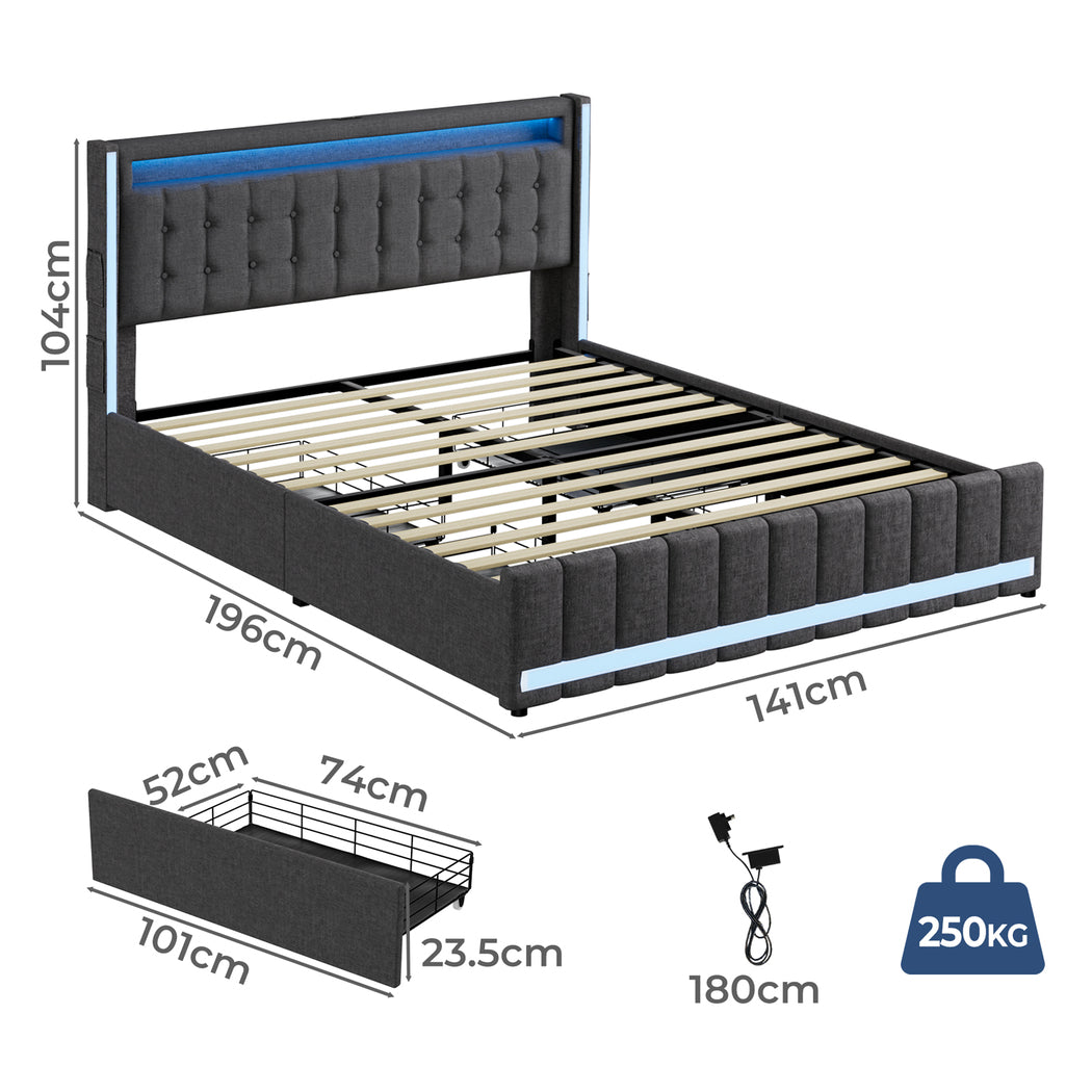 Levede Double Solid Bed Frame Headboard RGB LED Lights 4 Drawer USB Charge