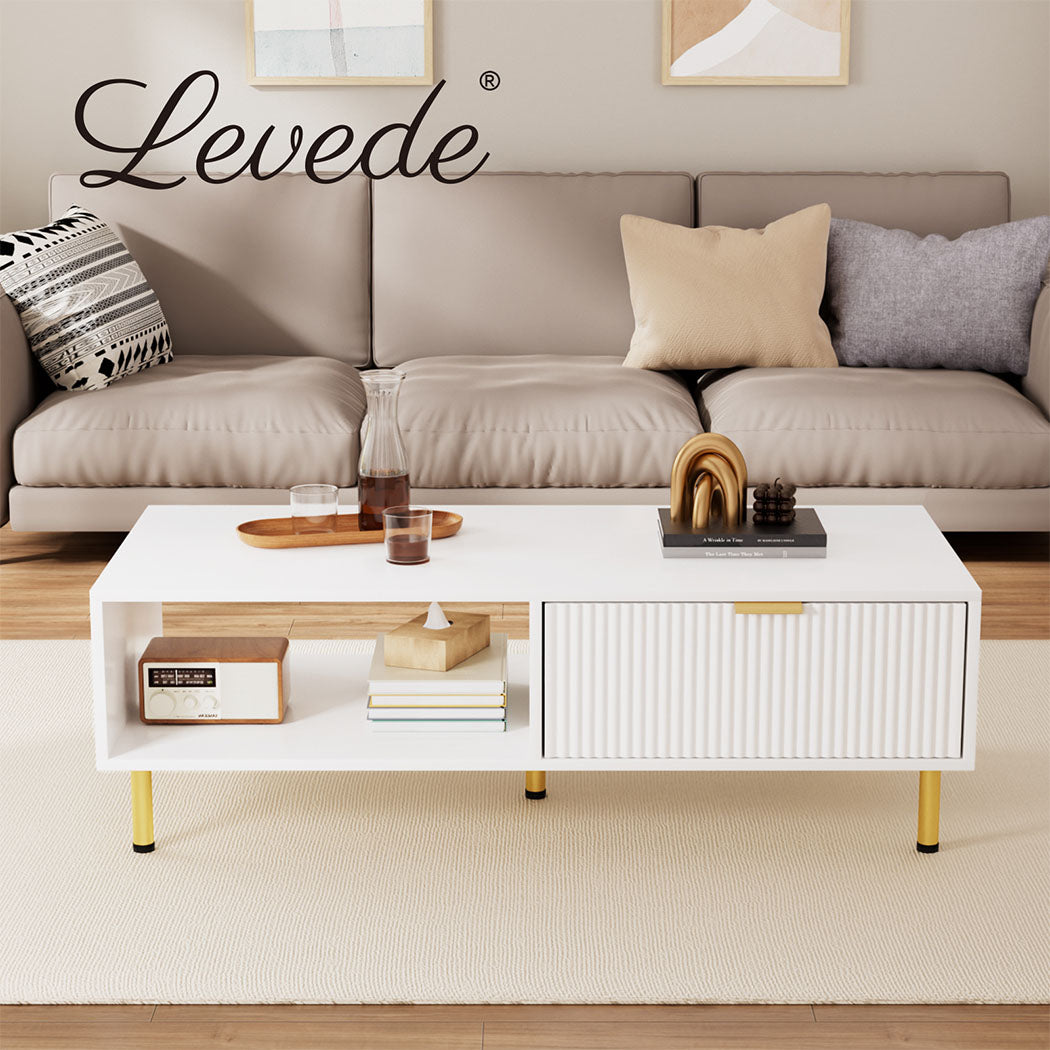 Levede 110cm Coffee Table Wooden Storage Fluted Drawer 2 Tier Open Shelf White - Levede