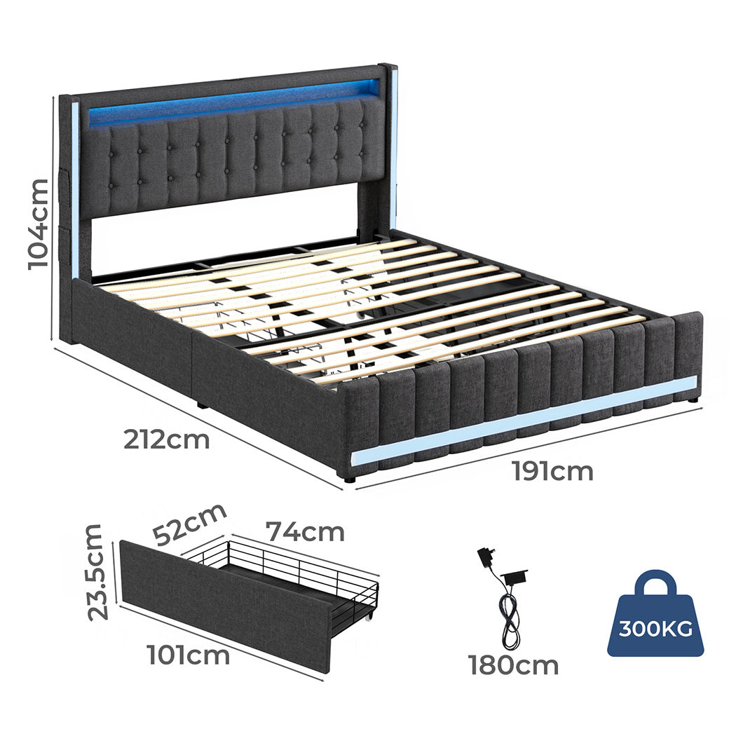 Bed Frame RGB LED Headboard with Drawers
