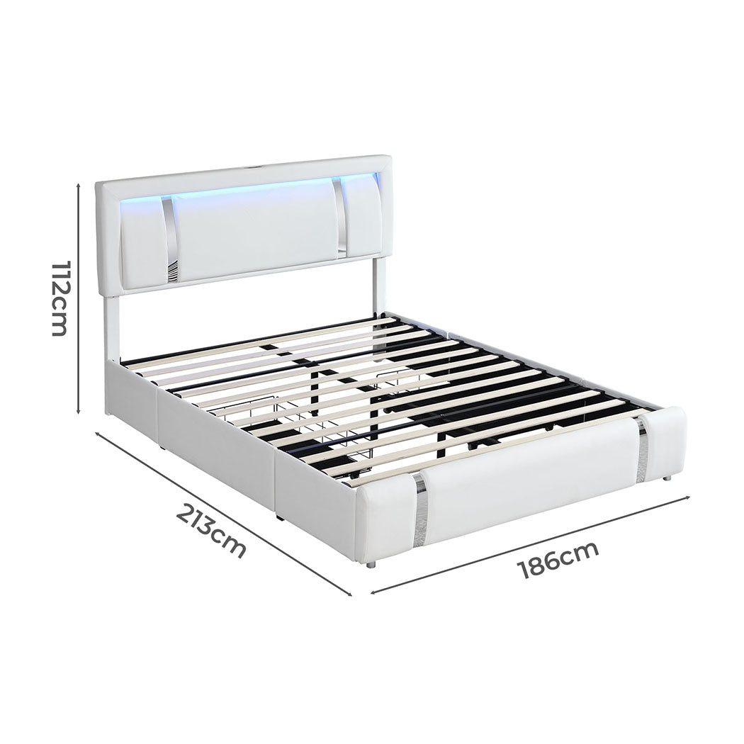 Bed Frame Adjustable Soft Headboard LED Lights Drawers USB Charge