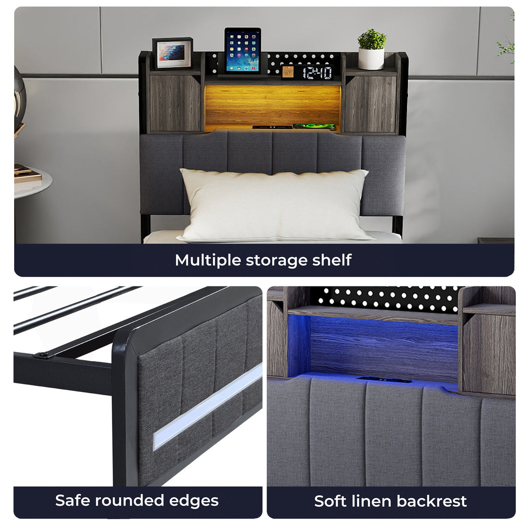 Bed Frame Linen Upholstered Storage Headboard LED Charging 2 Ports