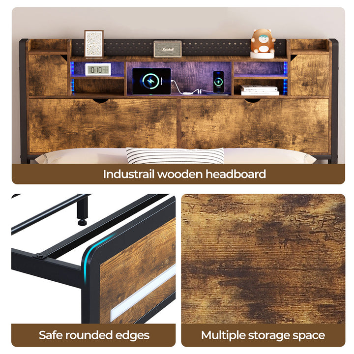 King Bed Frame Storage Headboard Shelf Industrial RGB Light LED Charging