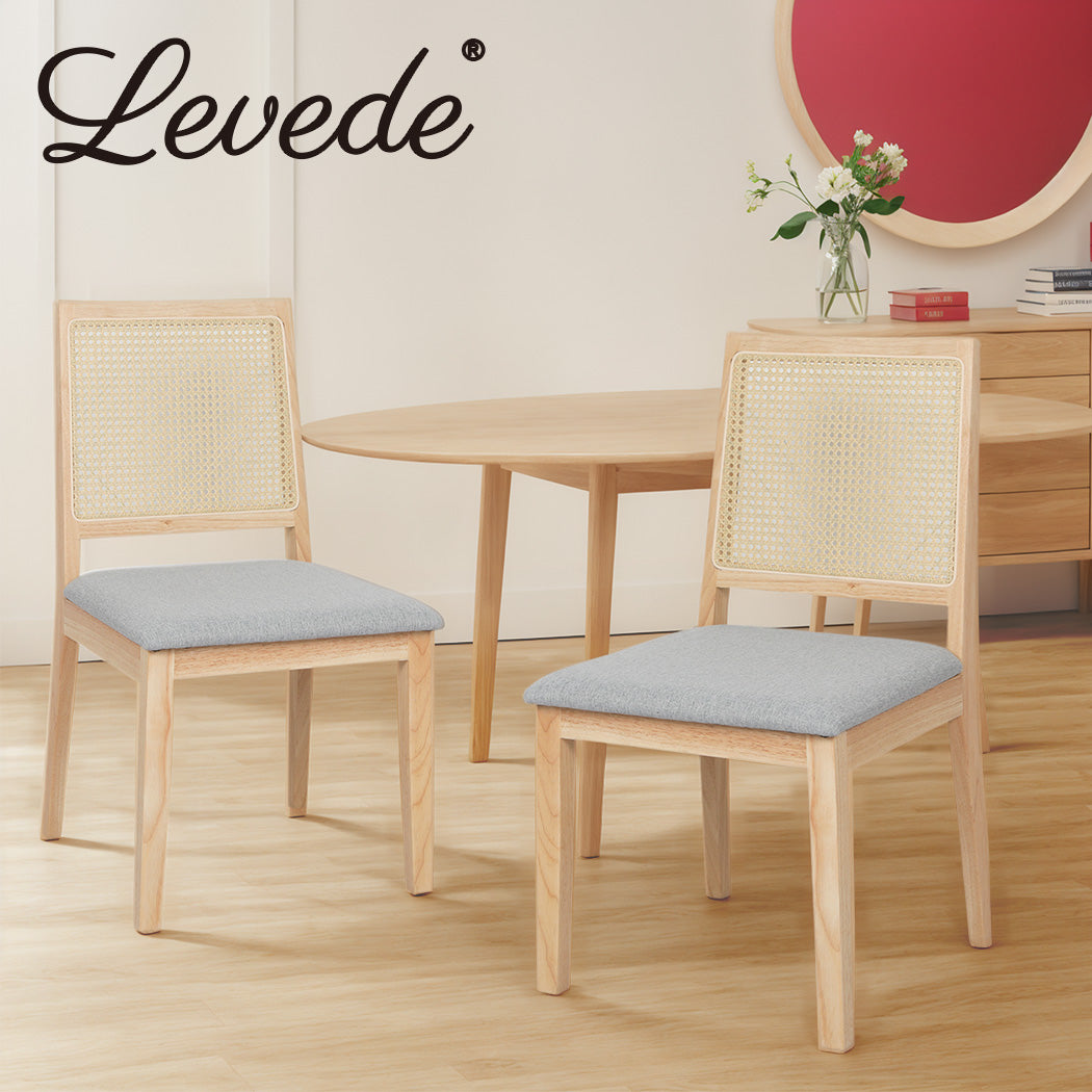 Levede 2x Dining Chairs Solid Wood Rattan Weave Lounge Seat Upholstered Linen - Levede