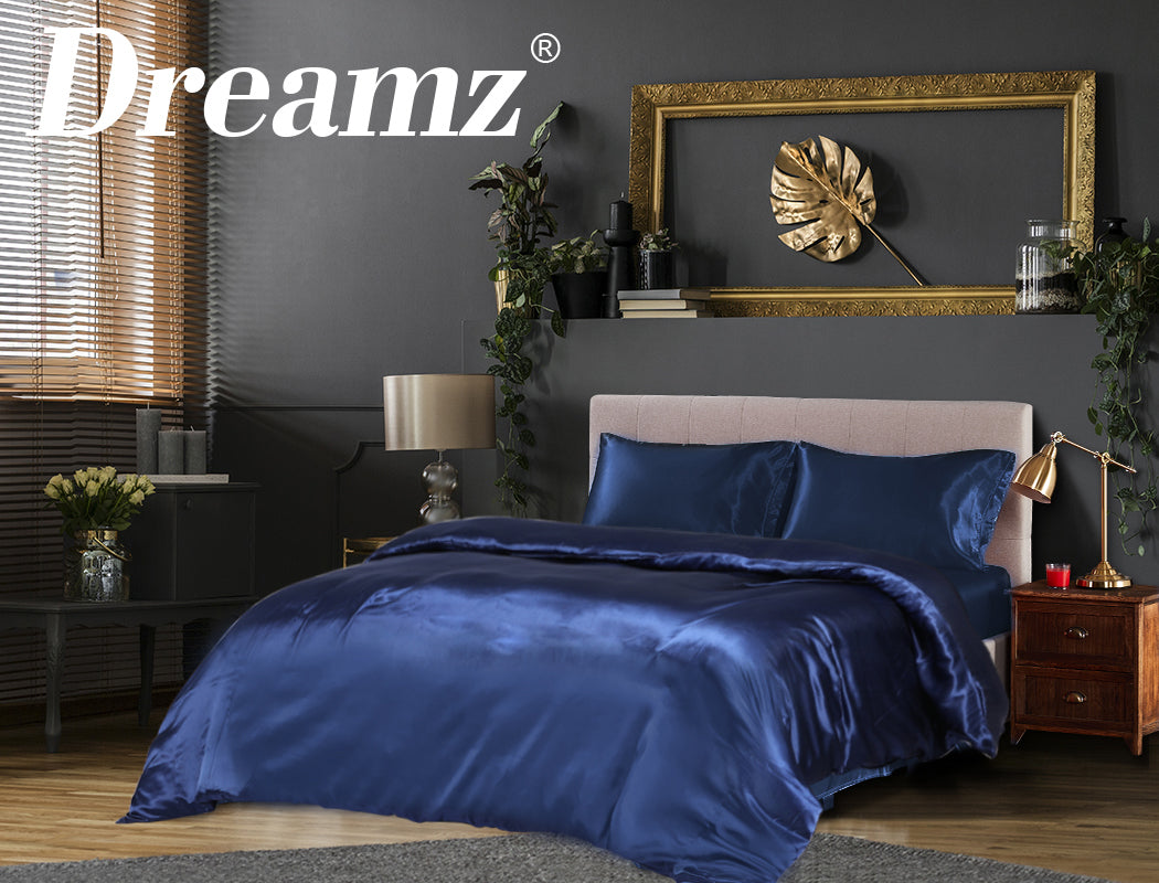 DreamZ Silky Satin Quilt Cover Set Bedspread Blue