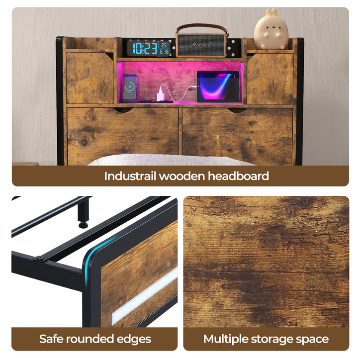 Single Bed Frame Storage Headboard Industrial RGB Light LED Charging