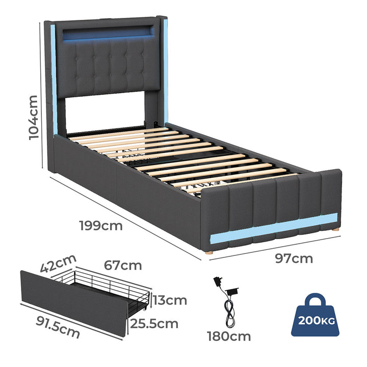Bed Frame RGB LED Headboard with Drawers