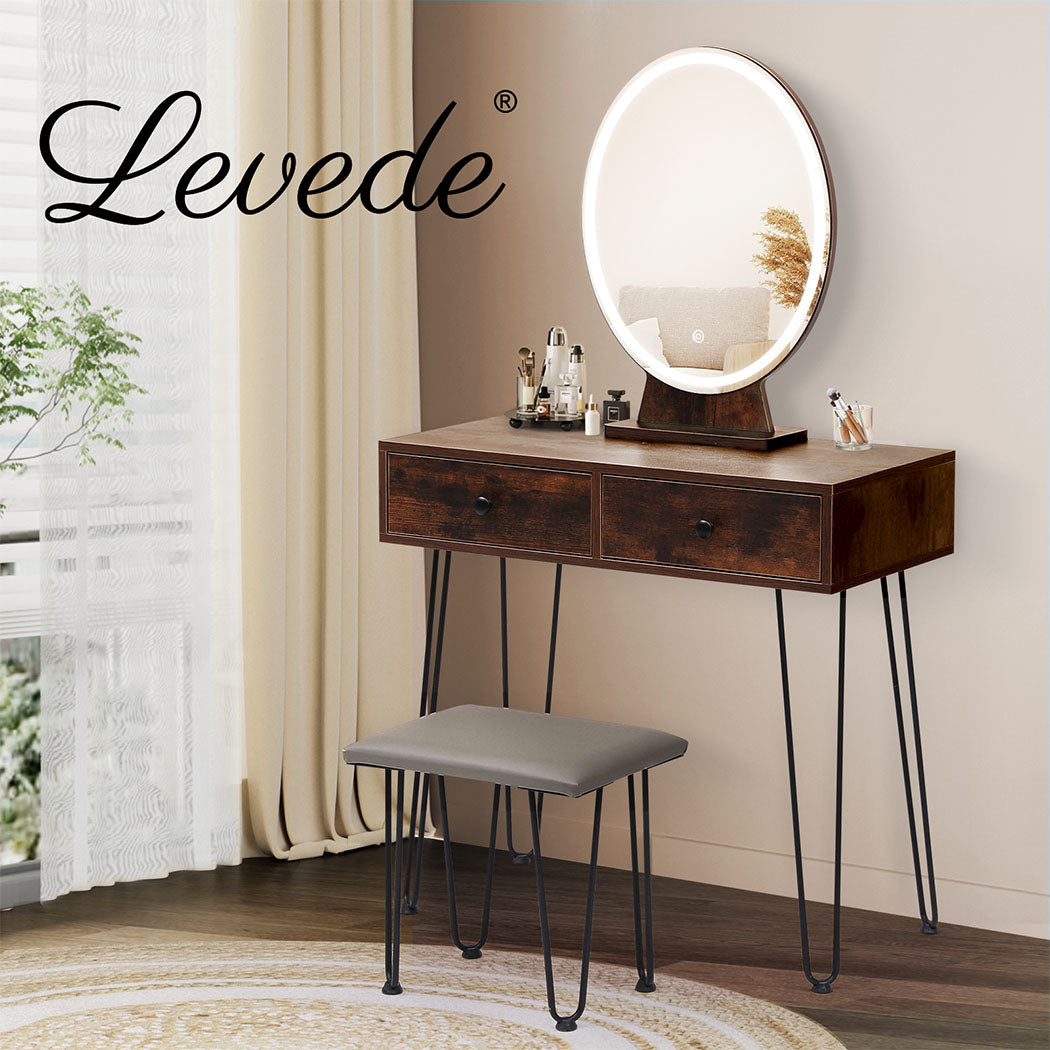 Levede Dressing Table LED Light Strip Makeup Mirror Stool Set Vanity Desk Brown