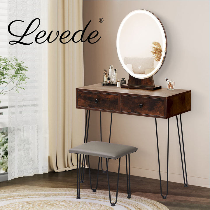 Levede Dressing Table LED Light Strip Makeup Mirror Stool Set Vanity Desk Brown