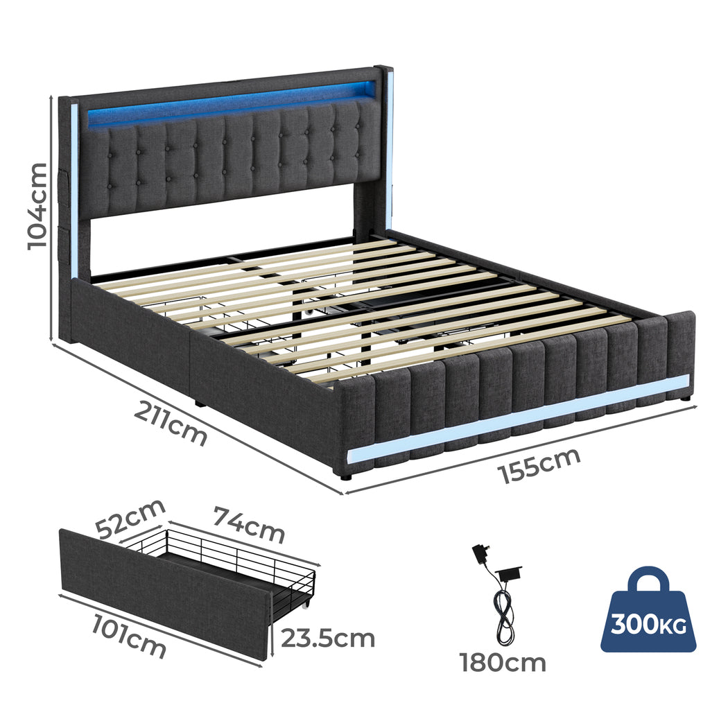 Levede Queen Solid Bed Frame Headboard RGB LED Lights 4 Drawer USB Charge