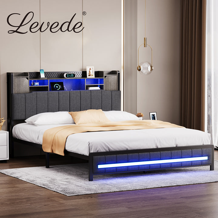 Levede Double Bed Frame Linen Upholstered Storage Headboard LED Charging - Levede